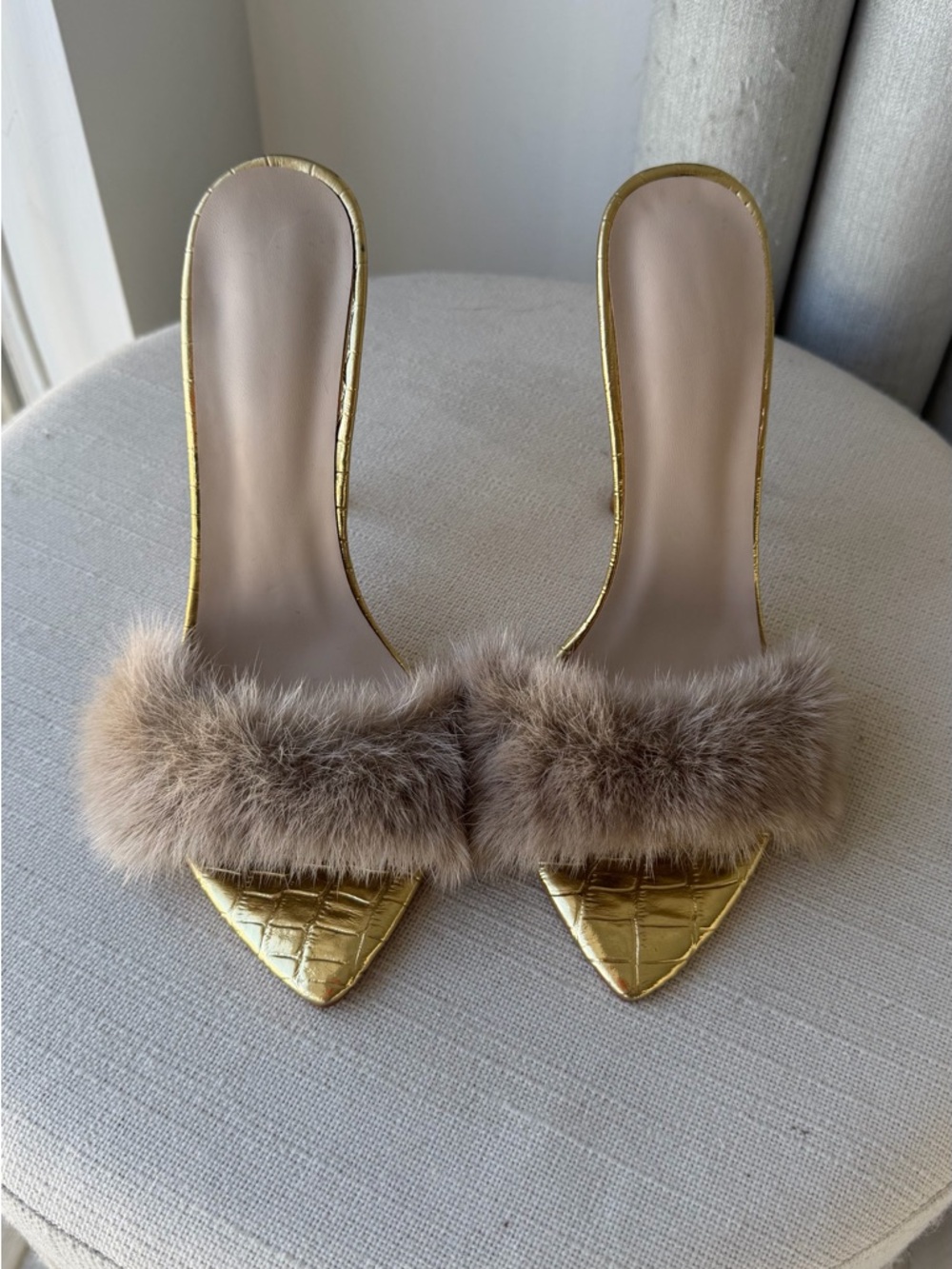 Gold Stiletto Mule with Taupe Fur Trim - Women's Luxury Slide - Picture 2 of 13
